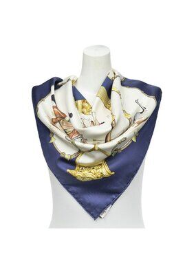Hermes Scarf Navy Ivory Yellow Twill Silk